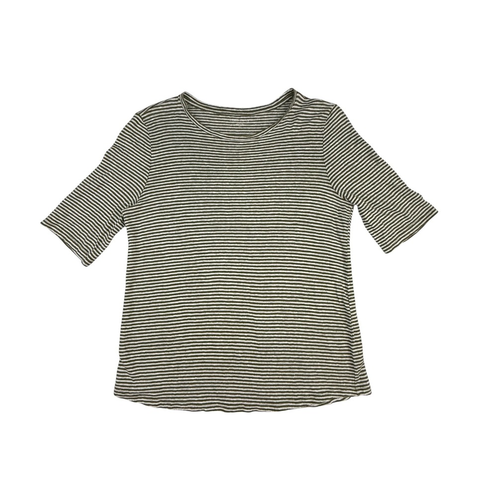 Eileen Fisher Top Women Small Green Striped Organic Linen Short Sleeve‎ Crewneck